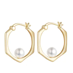 EAMTI Pearl Earrings for Women Trendy 925 Sterling Silver Freshwater Cultured Pearl Angular Geometric Shape Earrings
