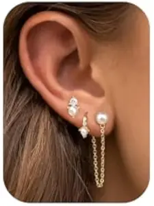 6 Pcs Pearl Earrings for Women Huggie Hoop Earrings Pearl Drop Earrings Dainty Stud Earrings Piercing Pearl Chain Earrings 14K Gold Plated Dangle Pearl Earrings Set Silver Gold Earrings for Women