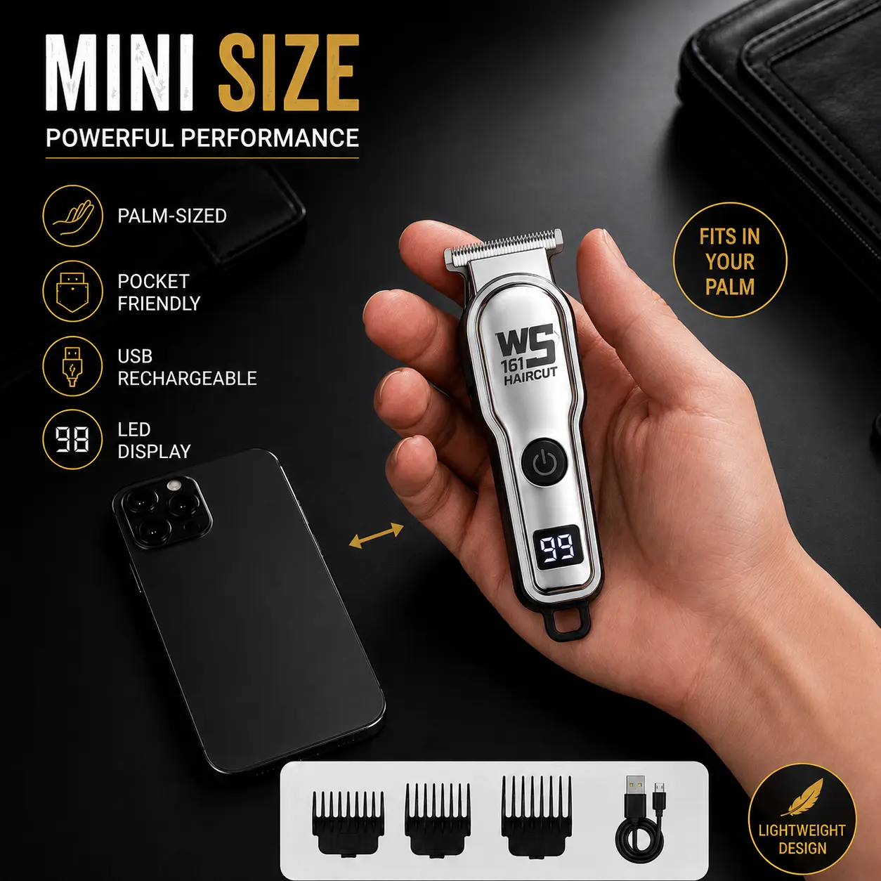 Men's Mini Cordless Hair Trimmer Clippers, Portable USB Rechargeable T-Blade Hair Cutting Kit with USB Cable, Low-Noise Barber Equipment for Fades, Beard Style Grooming