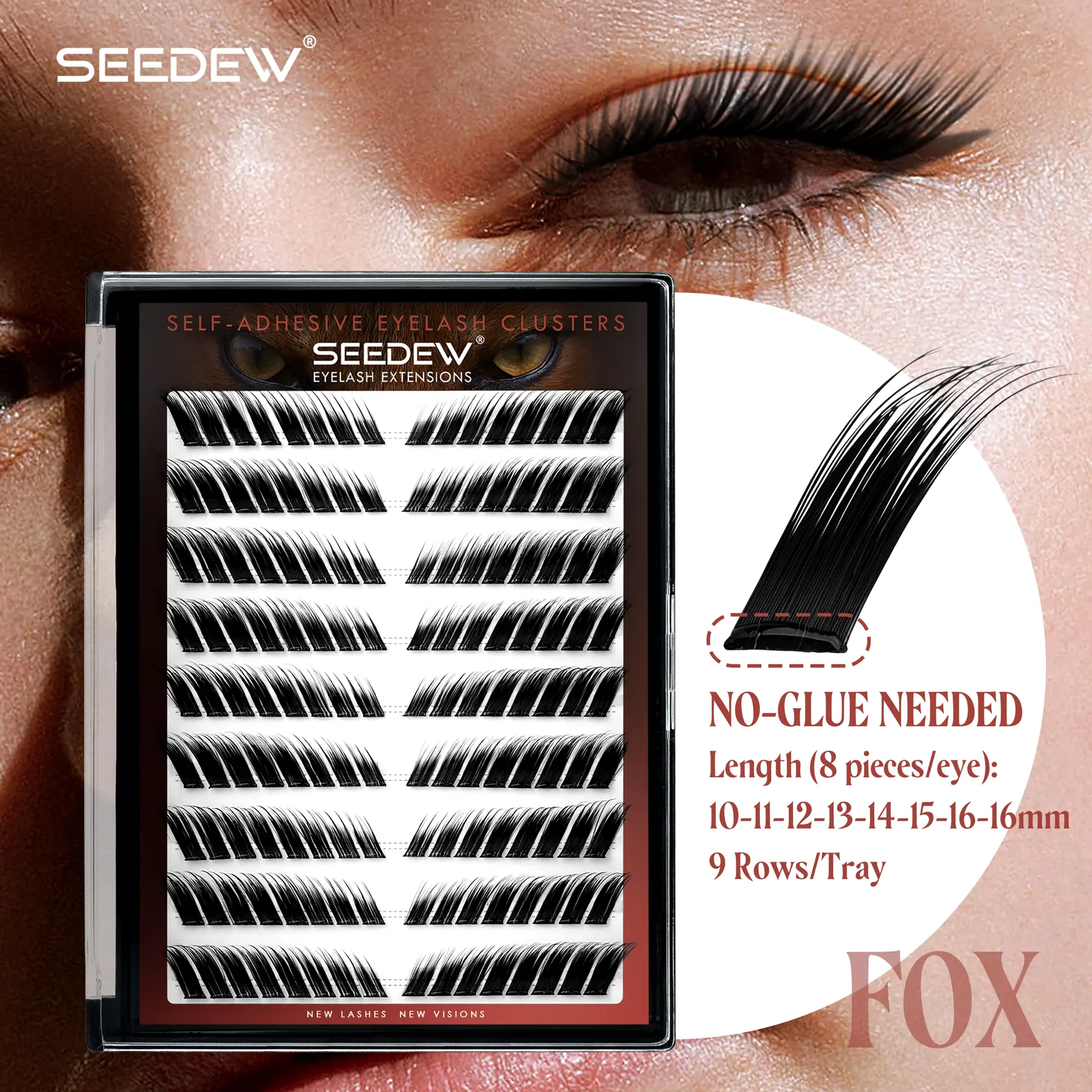 Seedew 144 Cluster/case Fox Self-Adhesive Eyelash Clusters No Glue Need Fox Eye C Curl 16mm Lashes DIY Eyelash Extensions, Gift for Personal Use Festival Costumes Makeup Tools, Self Adhesive Eyelashes