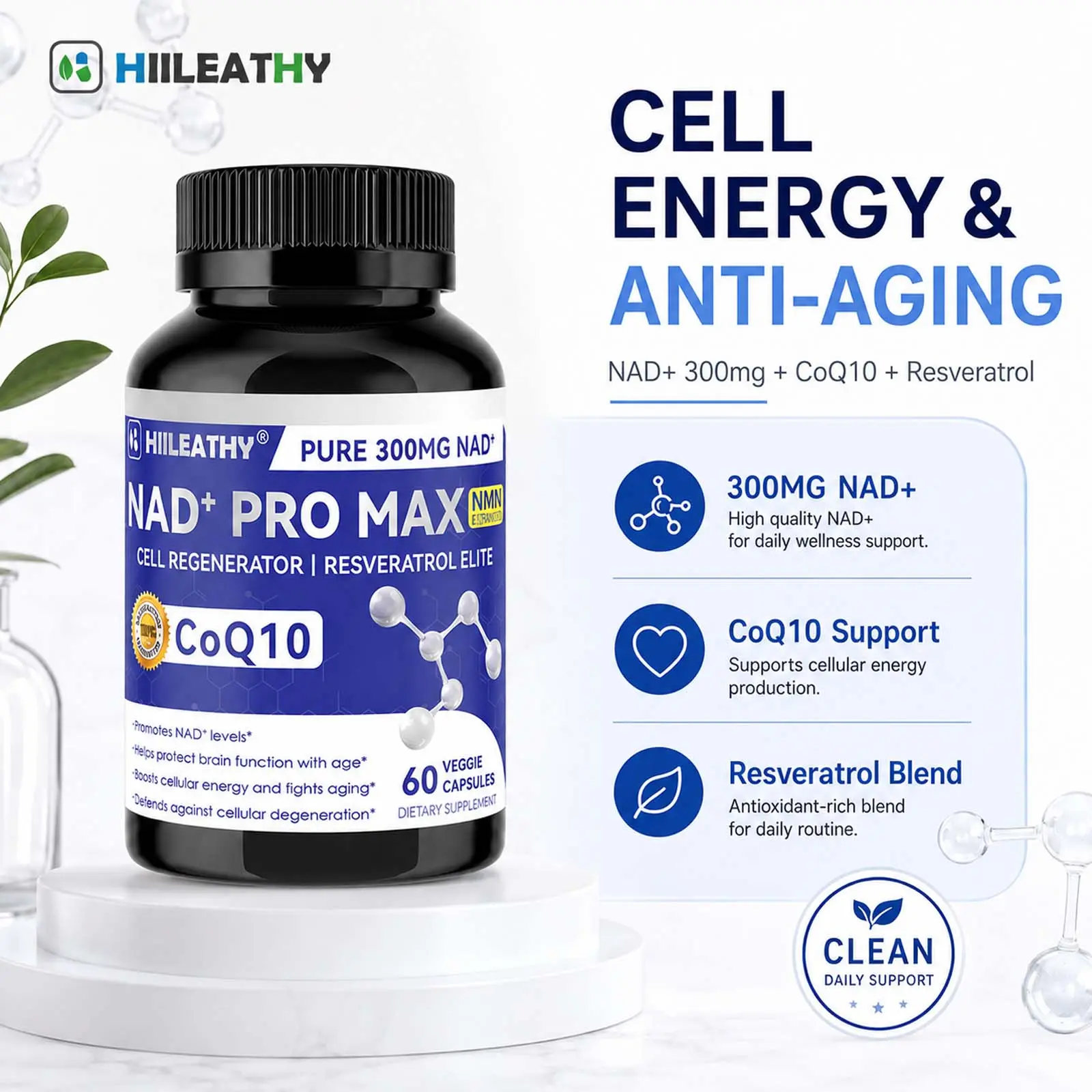HIILEATHY NAD+ Pro Max | High Potency 300mg NAD+, CoQ10 & Resveratrol Supplement with Black Pepper Extract | Energy, Focus & Cardiovascular Wellness Support | 60 Veggie Capsules | Made in USA Fruit Dietary