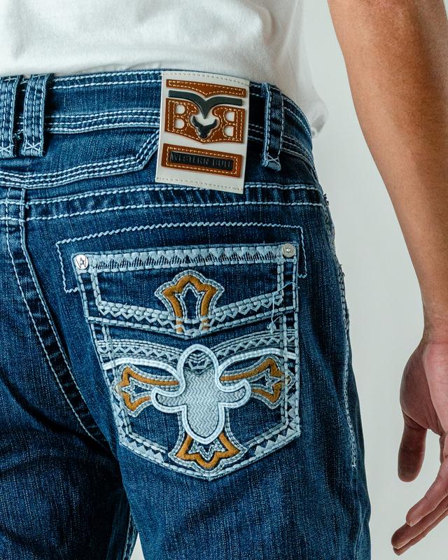 Western Bull Men's Straight-Cut Jeans Style A01 - Heavyweight Denim with Embroidered Pockets & Bold Stitching for Comfort & Durability