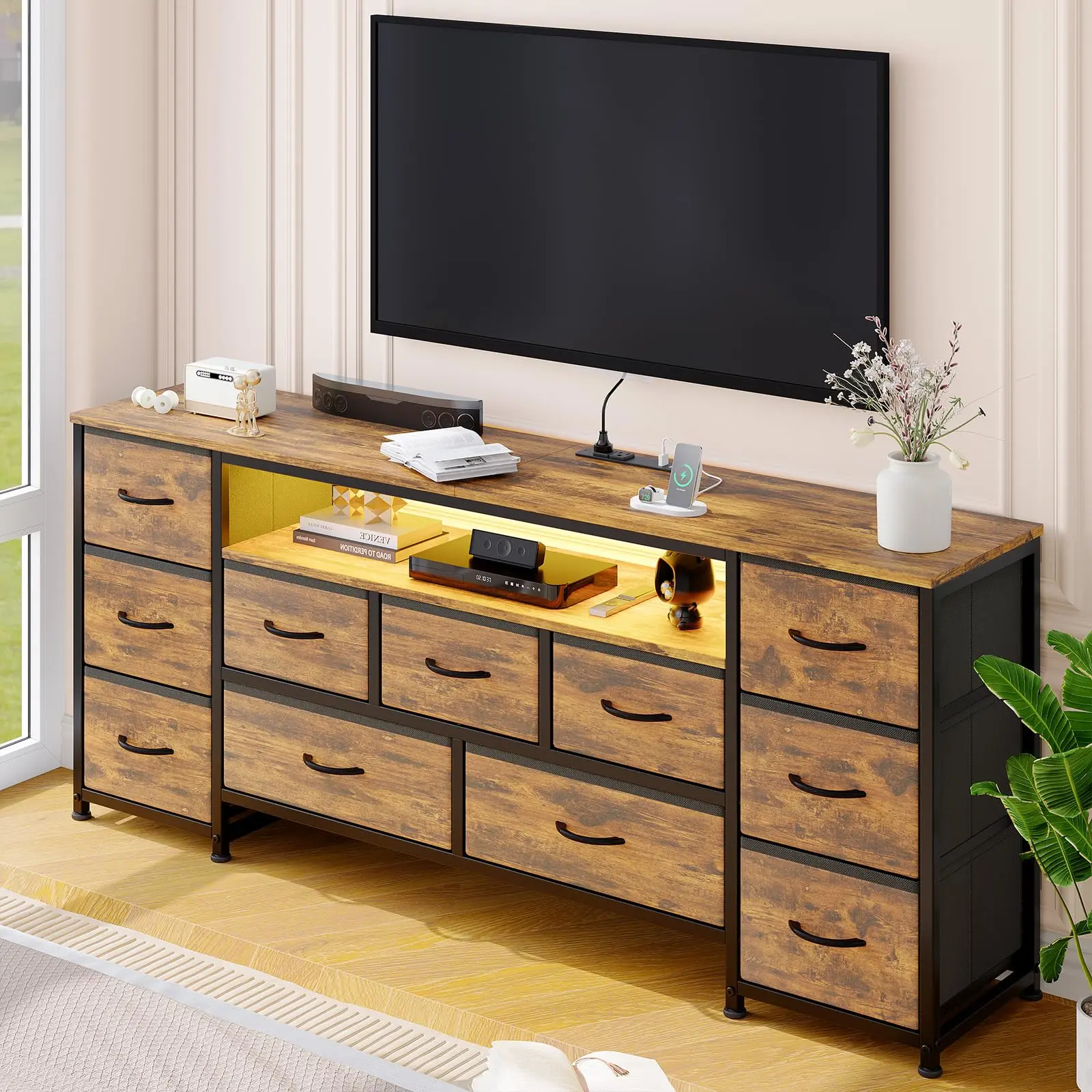 63 Inch Office Computer Desk with 11 Drawers, Power Outlets, LED Lighting, Large Storage Workstation for Home Office, Study, or Workspace