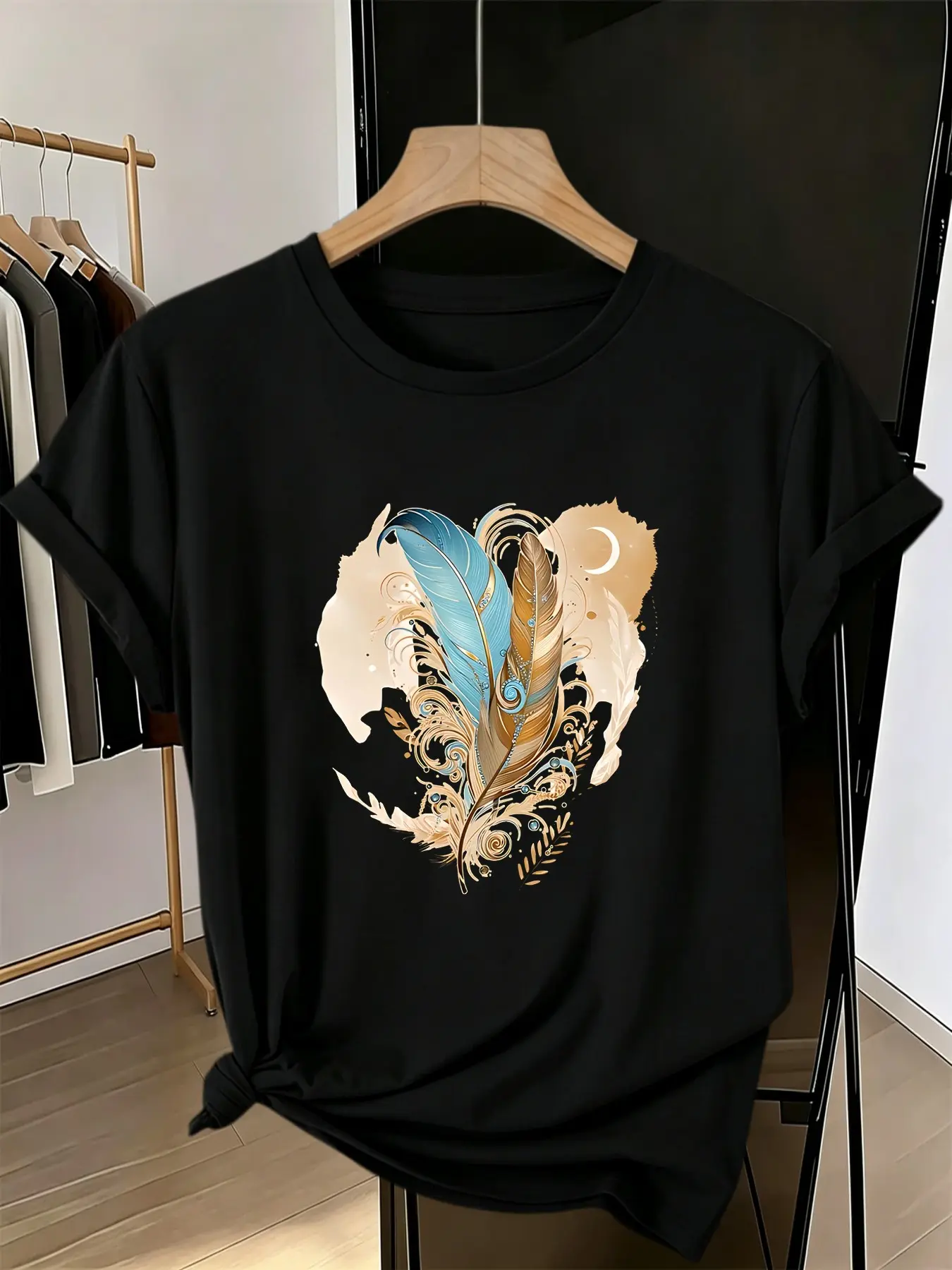 Women's Bohemian Feather Print T-Shirt, Casual Round Neck, Short Sleeve, All Seasons, Daily Wear, H-Type Silhouette