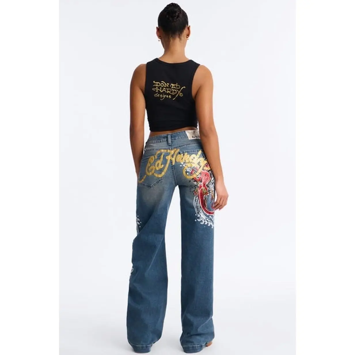 Women's Ed Hardy Devil Mermaid Wide Leg Embellished Graphic Jeans - Vintage Wash N, Polyester-Spandex Blend, Multi-Size, Printed Pockets, Bottoms, Clothes