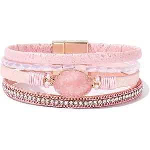 Leather Wrap Bracelet Boho Cuff Bangle Bracelets Crystal Bead Bracelet with Magnetic Clasp Jewelry Gifts for Women