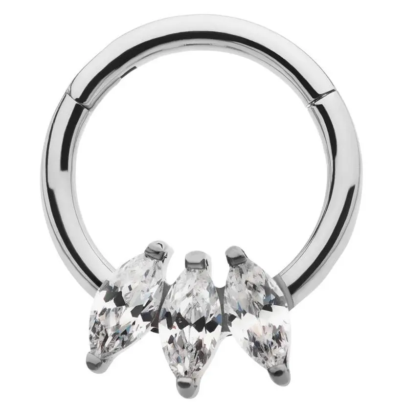 Segmented Triple Marquise CZ Titanium Hinged Ring with Front Gems, Easy Insertion