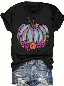 Colorful Pumpkin Floral Pattern Printed T-shirt, Short Sleeve Round Neck Casual Top, Halloween Women'S Clothing