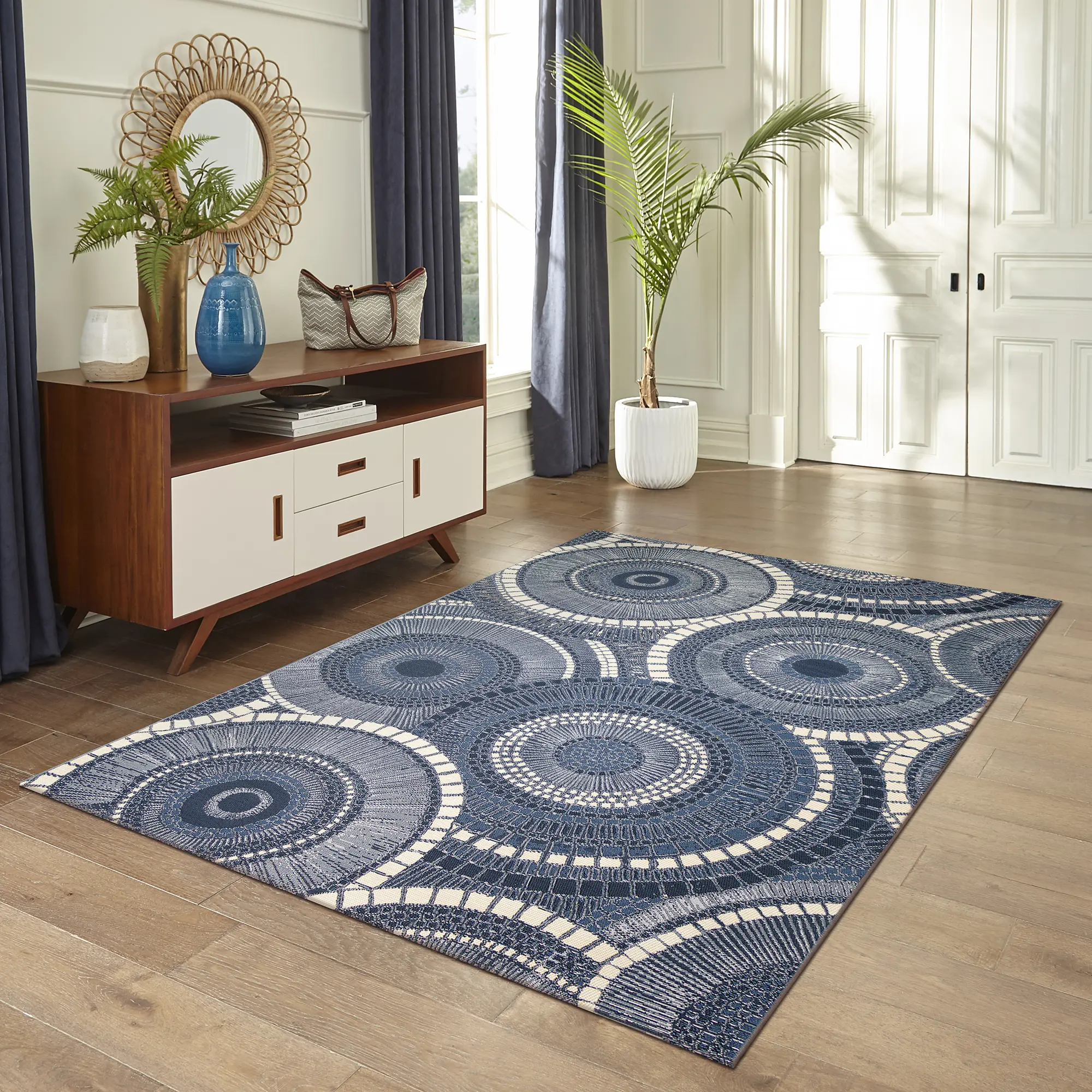 Lush Decor MARINA Indoor/Outdoor Power Loomed Synthetic Blend Low Profile Area Rug - Transitional Geometric Casual Medallion Colorful  (Circles)