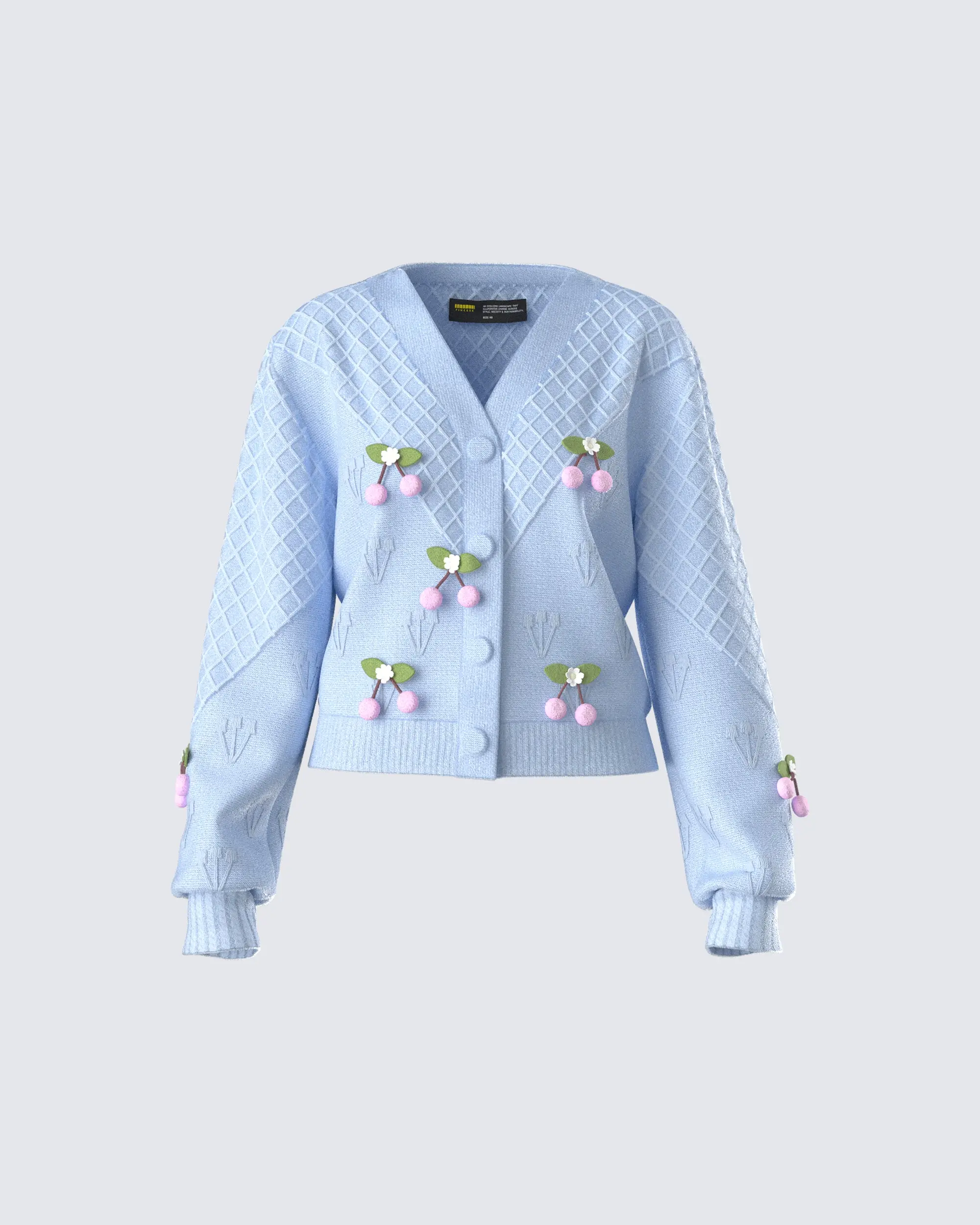 Women's Olea Lavender Cherry Trim Balloon-Sleeves Ribbed Knitwear Cardigan, Flattering Fit