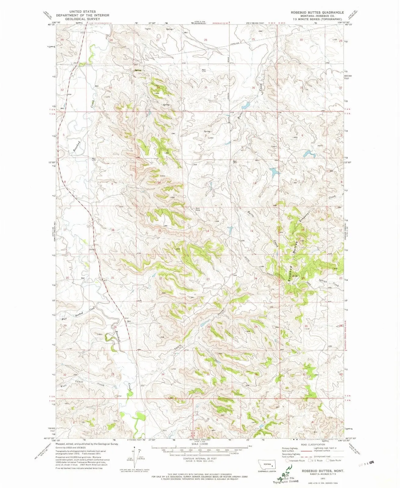 Rosebud Buttes Montana USGS Topographic Quadrangle Map, 1971, 1:24000