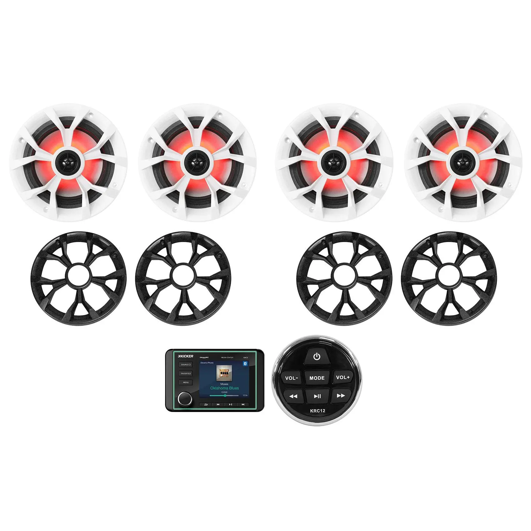 KICKER KMC5 Marine Digital Media Bluetooth Receiver with USB, LCD, Charging Port, Remote Control + 4 x 6.5" LED Speakers