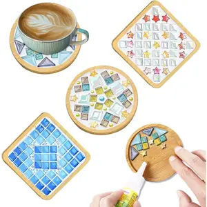 4 Sets DIY Glass Mosaic Tiles for Crafts,Mixed Color Mosaic Kits with Wooden Coaster for Adults,Mosaic Crafts Materials Package for Coaster   Decor Gifts
