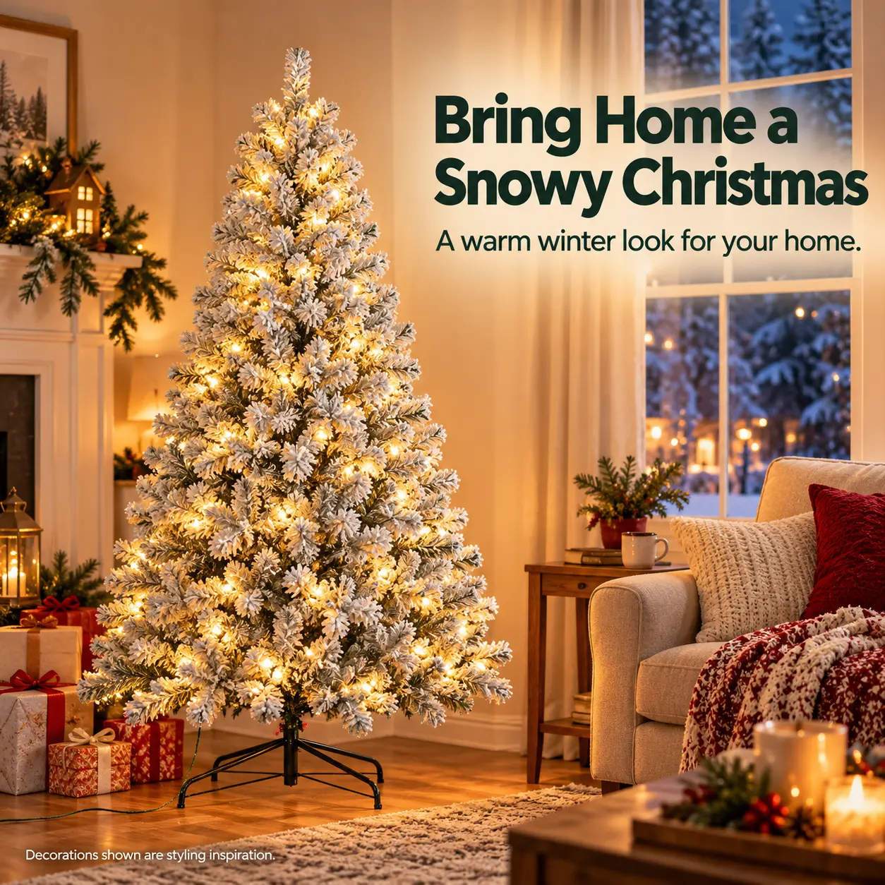 Pre-Lit Snow Flocked Artificial Christmas Tree with Warm White Lights, 8 Lighting Modes, Adjustable Brightness & Metal Stand, 4.5/6/7.5/9 FT