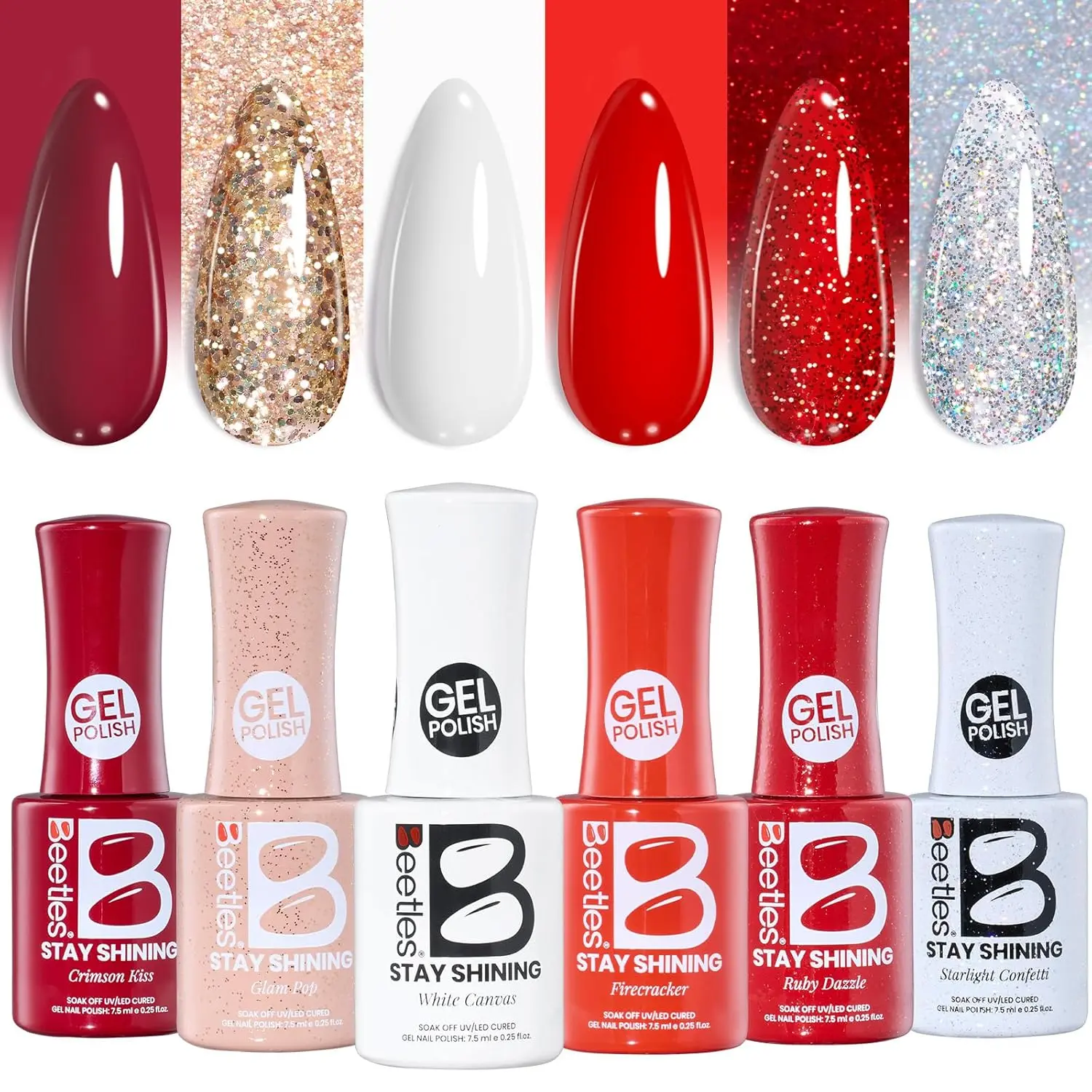 Beetles Gel-Based Christmas Gel Nail Polish Set - 6 Colors, 7.5ML Soak-Off UV LED Polish for Manicure, Nail Care, Selfcare, Smooth Shine, DIY Salon-at-Home Women's Gift, Nail Art, Gel Polish