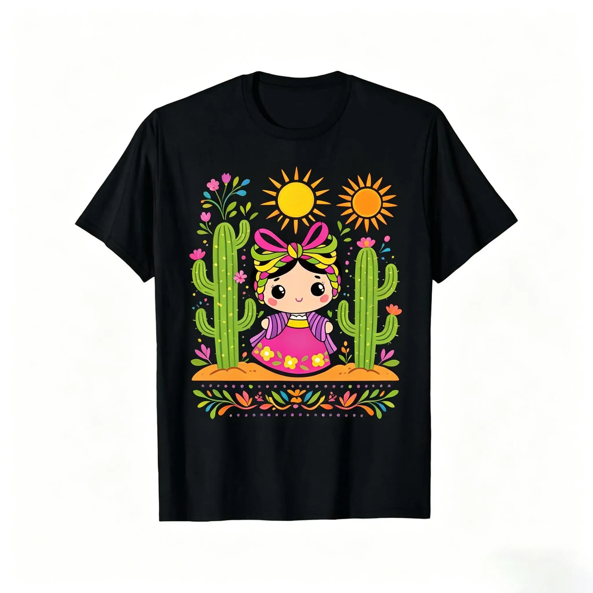 Mexican Doll & Cactus Desert Shirt, Black Tee, Vibrant Folk Art, Perfect for Fiesta & Casual Wear