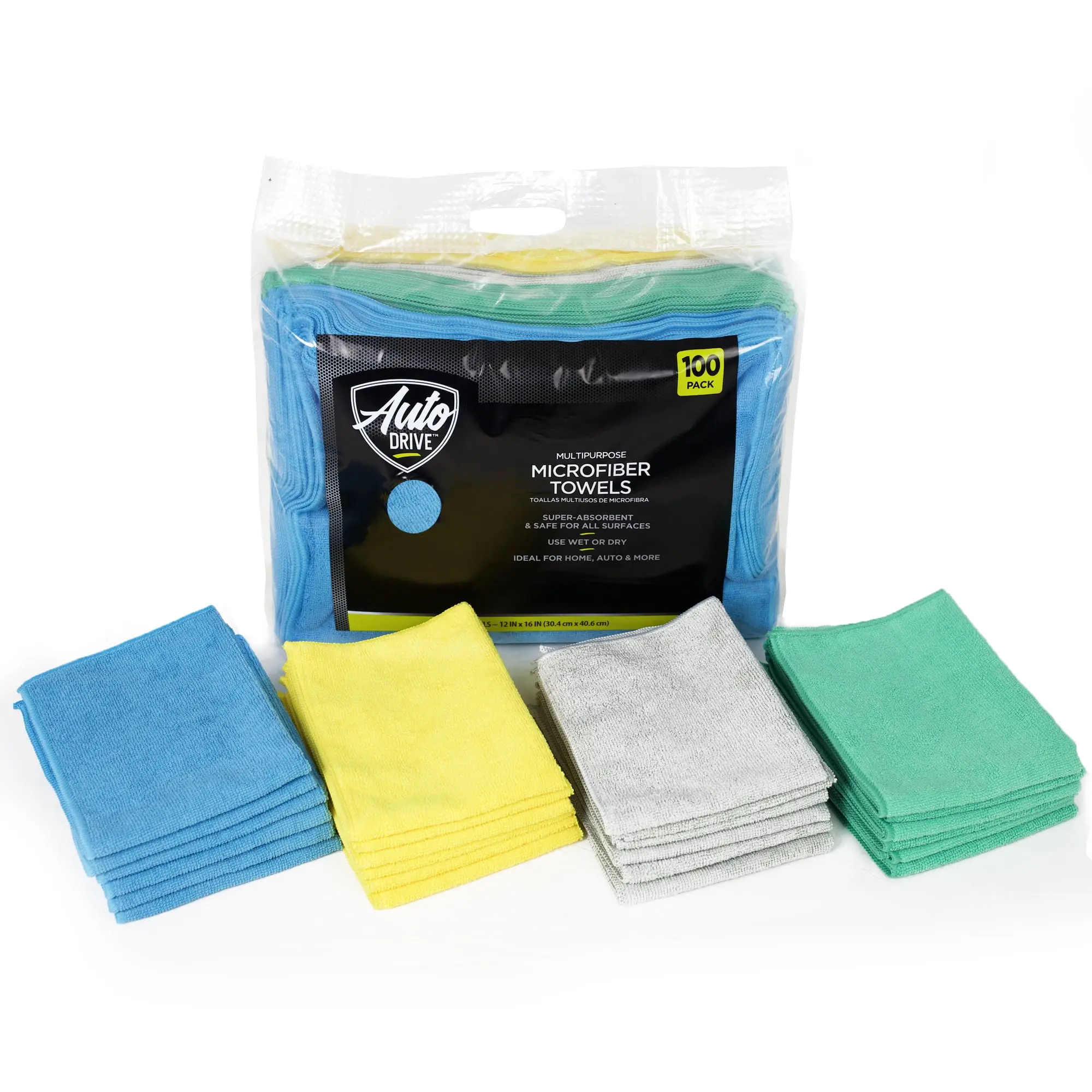 Auto Drive Microfiber Cleaning Towels, 100 Pack, 12 x 16 Inch, Super Absorbent Lint-Free Reusable Car Detailing Cloths, 4 Assorted Colors