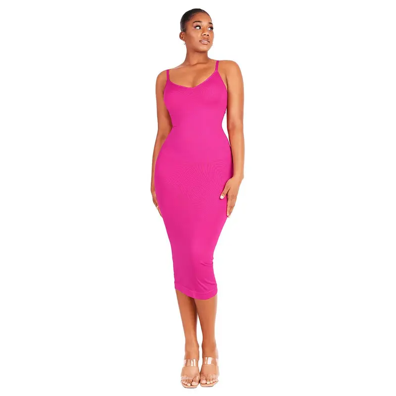 FeelinGirl Seamless Spaghetti Strap V-neck Maxi Built-in Shaper Dress Basic Casual Fabric Womenswear Springtok