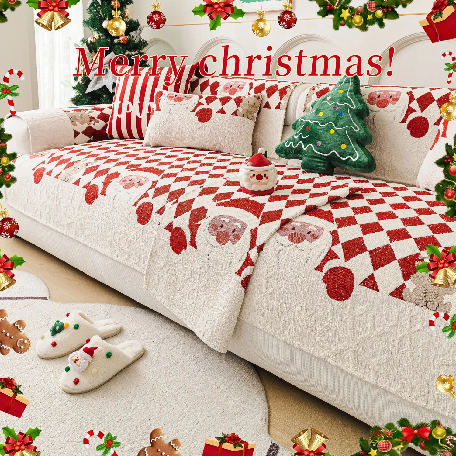 Christmas Plaid Sofa Cushion, Multi-Functional Cat Scratch Resistant Dog Dug Proof, Universal Fit for Various Sofas, Washable Cushions