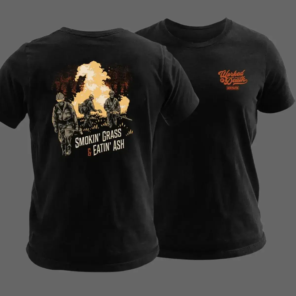Smokin’ Grass & Eatin’ Ash Firefighter T Shirt, Wildland Firefighter Graphic Tee with Brush Fire Scene, Soft Cotton Blend Shirt, Worked to Death Firefighter Apparel for Men & Women, Wildland Fire Crew Gift Idea Tshirt Crewneck Casual Tropical