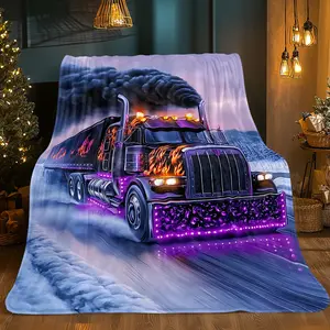 1pc Purple Shimmering Truck Sunset Glow Blanket Polyester Flannel Digital Printed Jacquard Craftsmanship All Seasons Sofa Bed Travel Camping Living Room Office