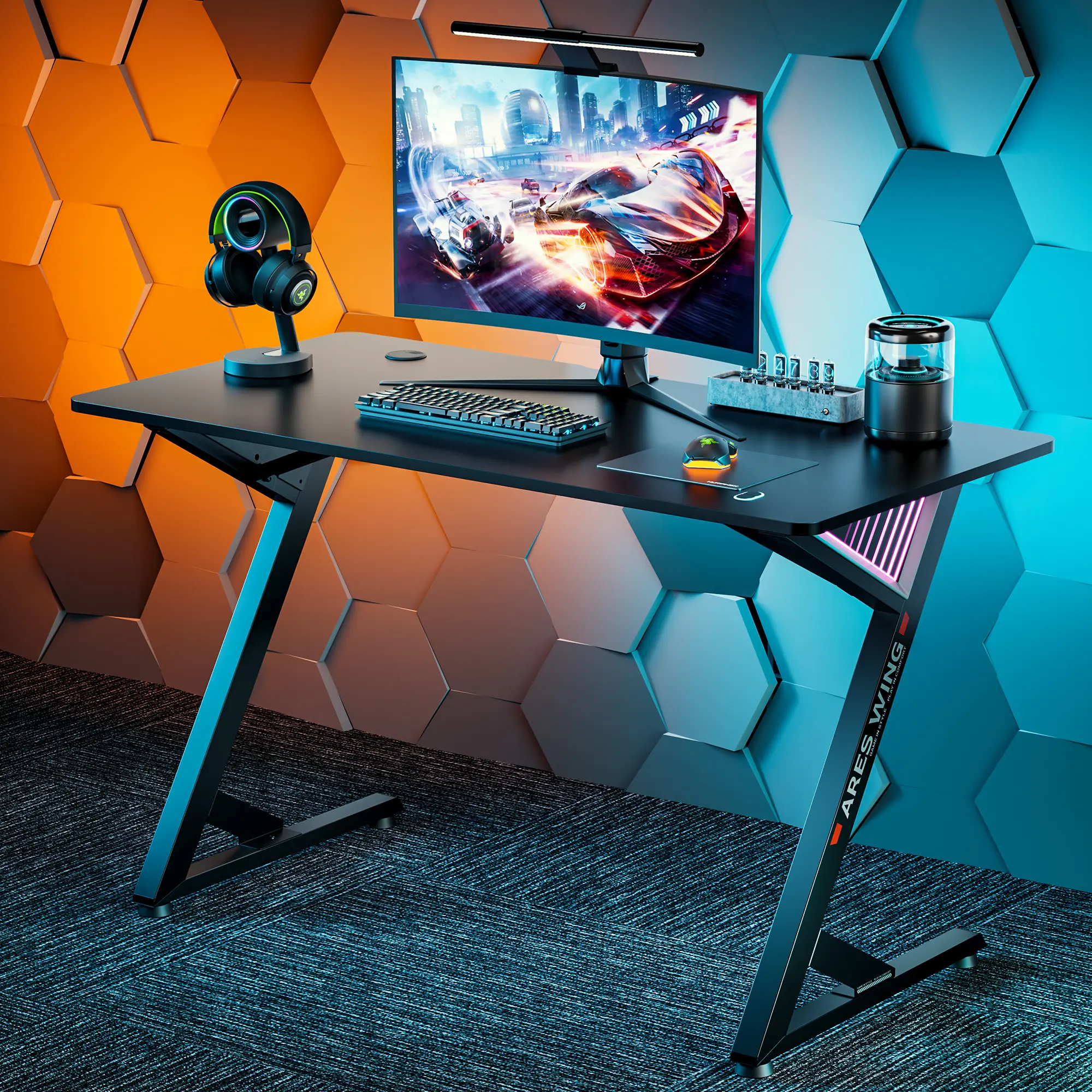 ARES WING 47-Inch Gaming Desk, Ergonomic Carbon Fiber Surface Computer Desk with LED Light, DIY Cable Management, for Home & Office, Black, Gaming Desks