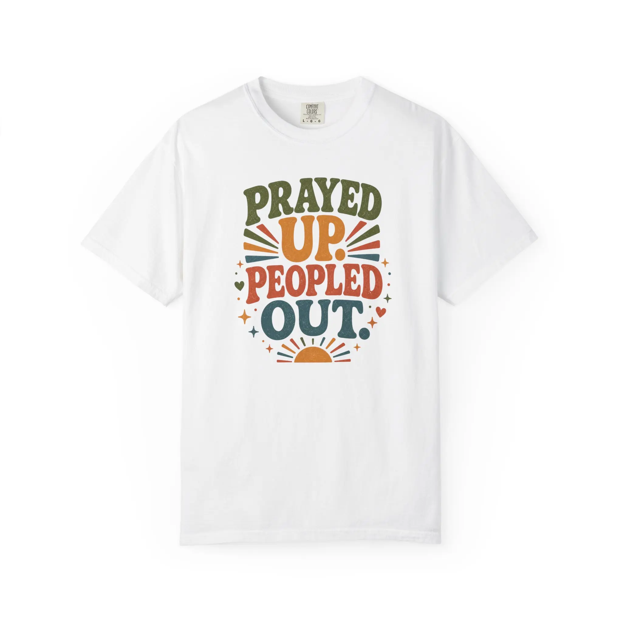 Prayed Up Peopled Out T-shirt | Spiritual Typography Tee, Retro Sunburst Design