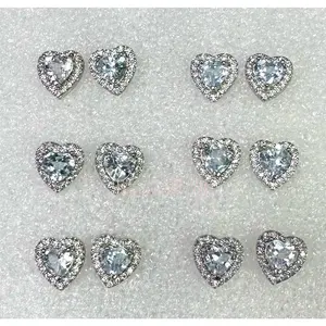 Wholesale Lot 6 Pairs Natural Aquamarine Heart Sterling Silver(925) Earring Studs