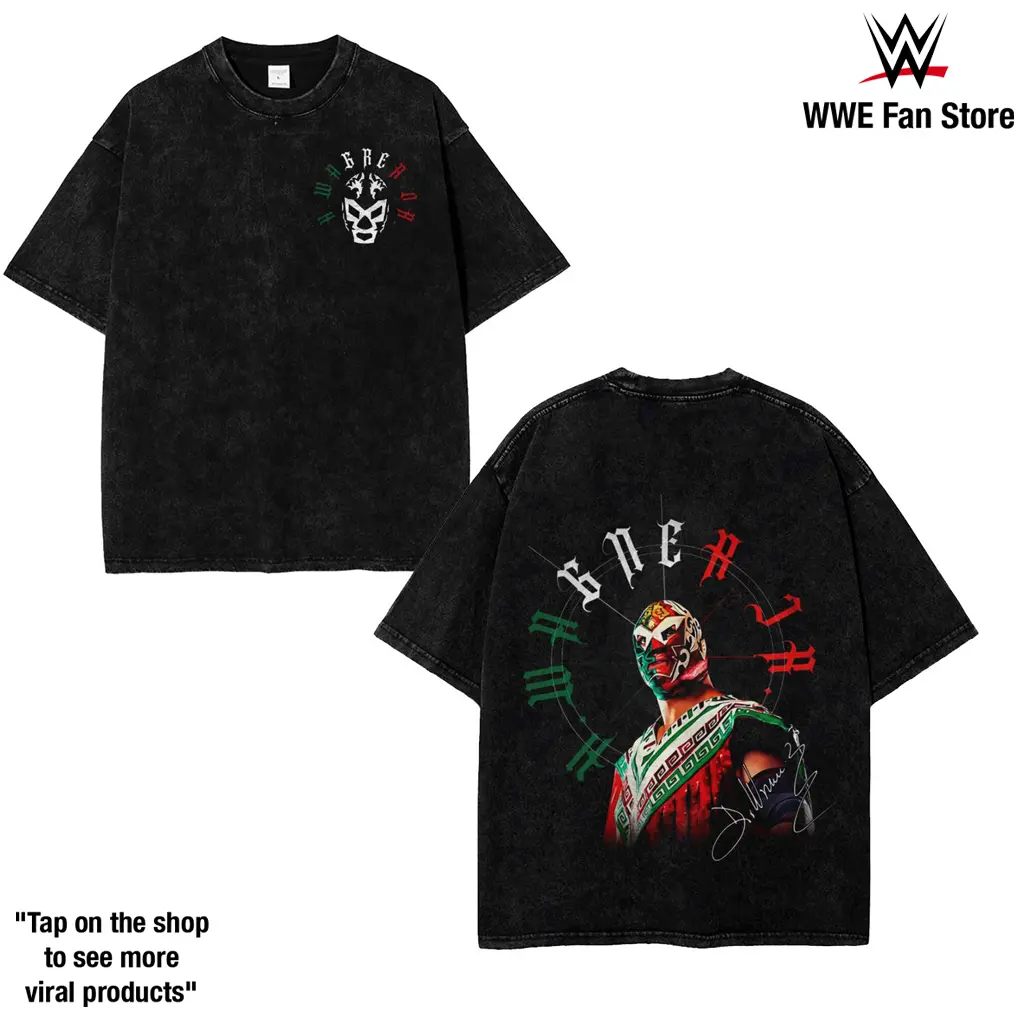 Rey Mysterio Washed T-Shirt Wrestling WWE Fans Tee Menswear 100% Cotton Crewneck American Made Acid Washed Top Seamless Rib Collar Casual ShortSleeve Tropical Tropical Streetwear Tshirt Fabric graphic