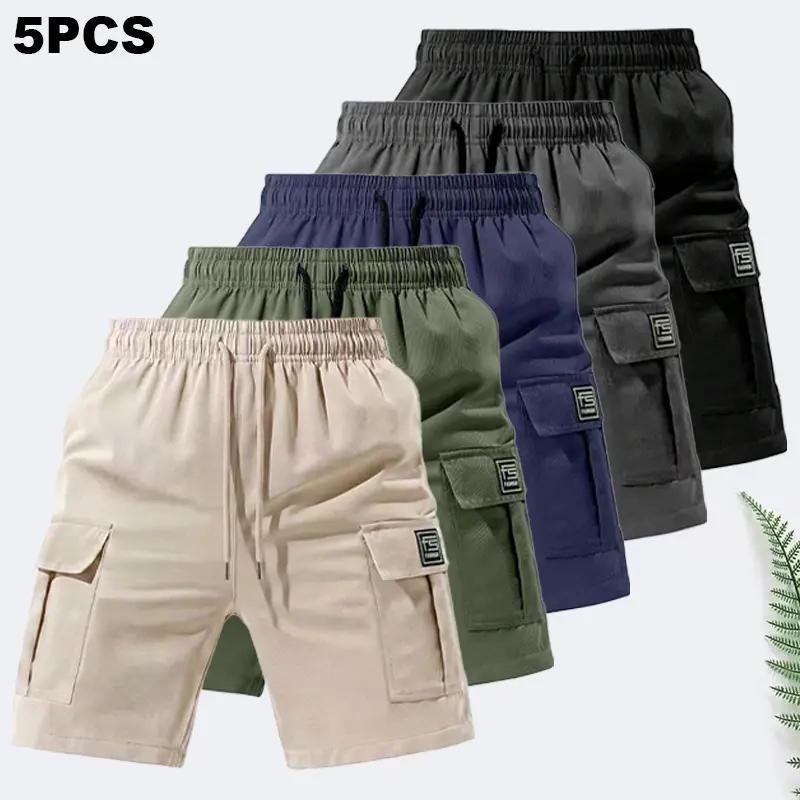 5-pack, 8 color options available, solid-color men’s work shorts, wear-resistant polyester fabric, loose straight fit, multiple pockets, wrinkle-resistant, no ironing needed, versatile casual shorts for all seasons
