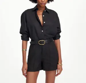 Pintucked Shorts in 100% Linen - Black Shirt Style with Belted Design for Women