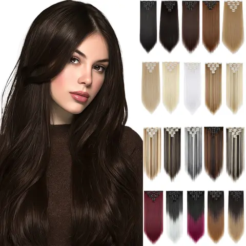 Dulchany Clip-in Hair Extensions, Women's 23-in Heat Resistant Natural Straight Synthetic Hairpieces, 7-Piece 190g Thick Double Weft Full Head Set with Metal Clips for Length Adding & Layered Look