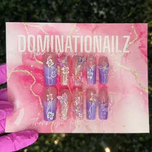 Dominationailz 10pc Long Handmade Nails with Purple Butterfly and Floral Designs Reusable Easy Application