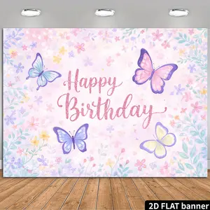 2D Flat Birthday Celebration Backdrop with Pastel Butterflies and Flowers, "Happy Birthday" Banner. The Design Features a Spring-inspired Pattern, Adding a Fresh and Sweet Touch to Birthday Parties. Suitable as a