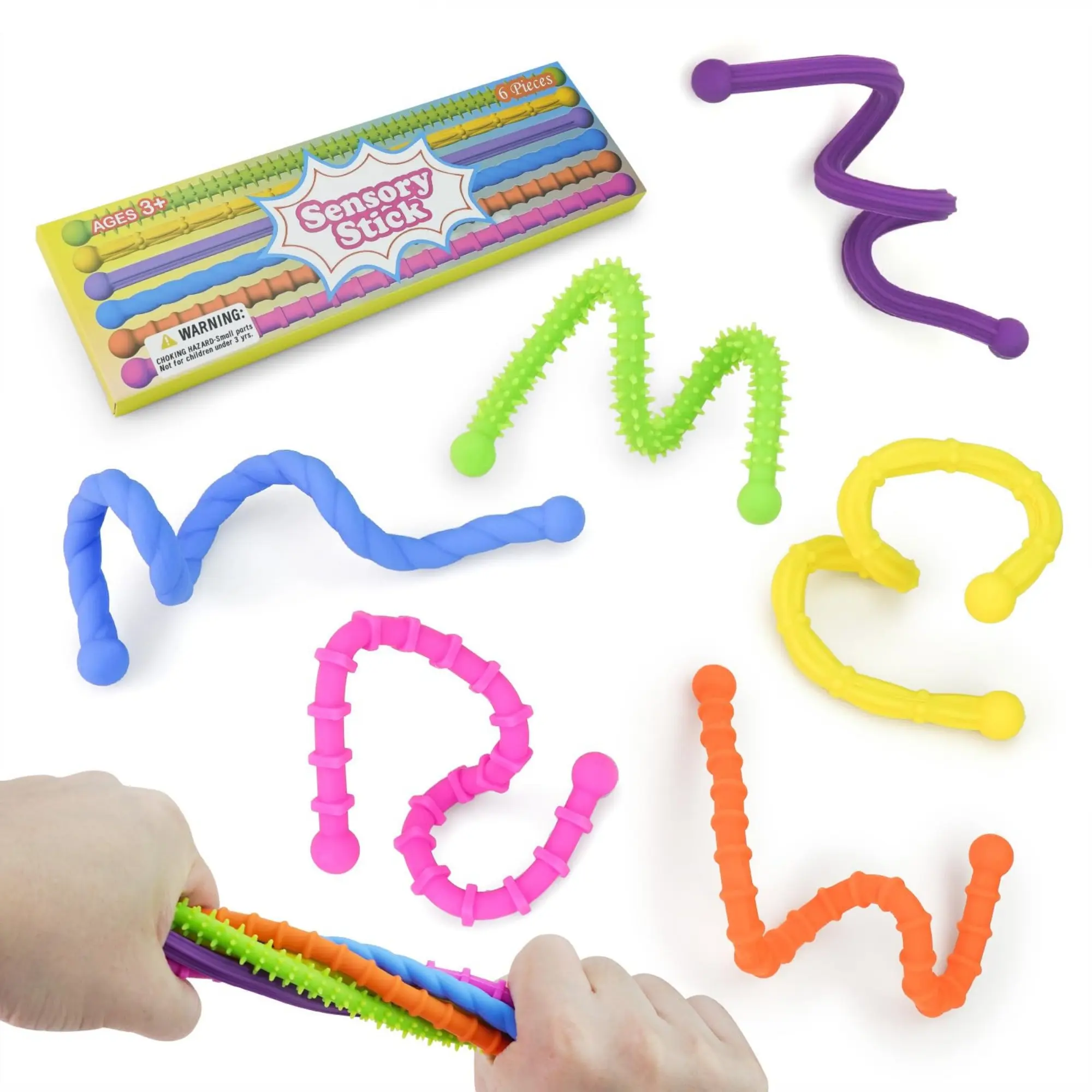 6PCS Textured Silicone Fidget Sensory Sticks - Handheld Size for Kids, Flexible Bend Anxiety Relief Toy, No Battery Needed, Autism-ADHD Support, Calm Down Corner Accessory, Christmas Stockings Stuffers for Adults
