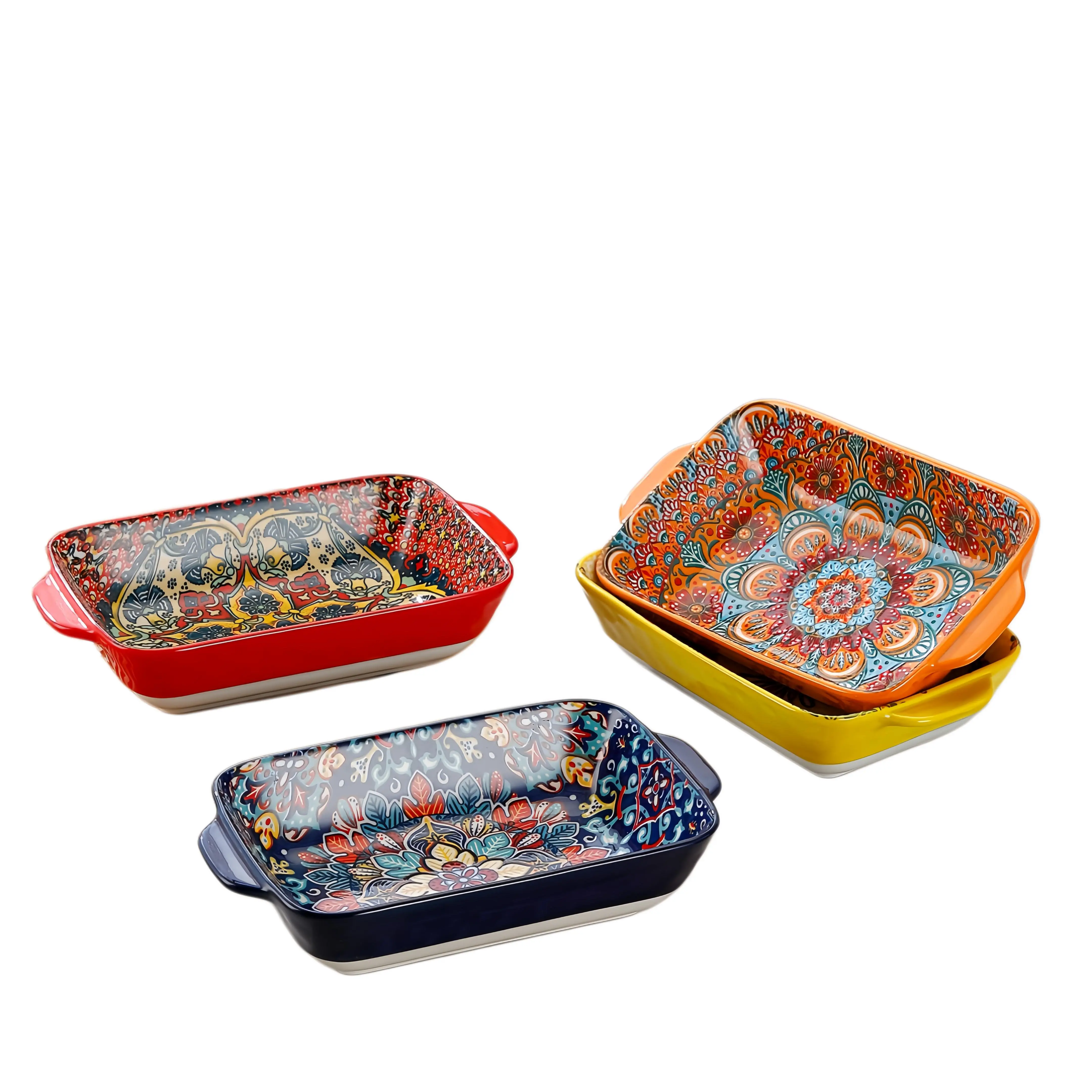 4pcs Rectangular Ceramic Dinnerware Set with Double Handles, Serving Plates for Sushi, Dessert, Salad and Snacks, Microwave & Dishwasher Safe Tableware, Kitchen Dishes for Home Dining