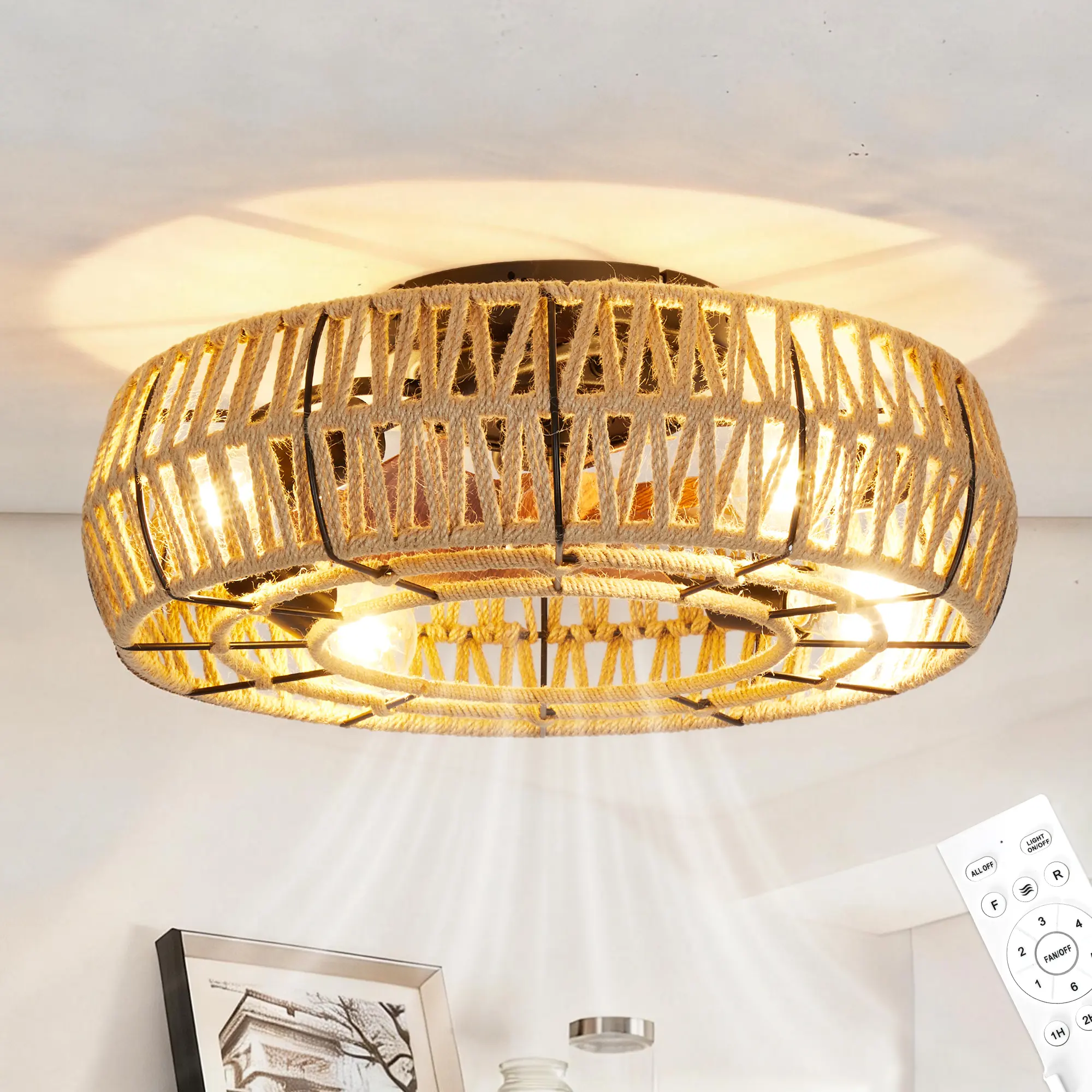Boho Caged Ceiling Fan with Light - 20in Flush Mount Chandelier Ceiling Fan, Handwoven Industrial Fiber Rope Design - 6-Speed Reversible Flow, Remote Controlled, Bladeless Safety - Ideal for Living Room, Bedroom