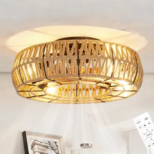Boho Caged Ceiling Fan with Light - 20 Inch Flush Mount Fandelier - Handwoven Industrial Fiber Rope Design - 6-Speed Reversible, Remote Controlled - Perfect for Living Room, Bedroom, Kitchen Island