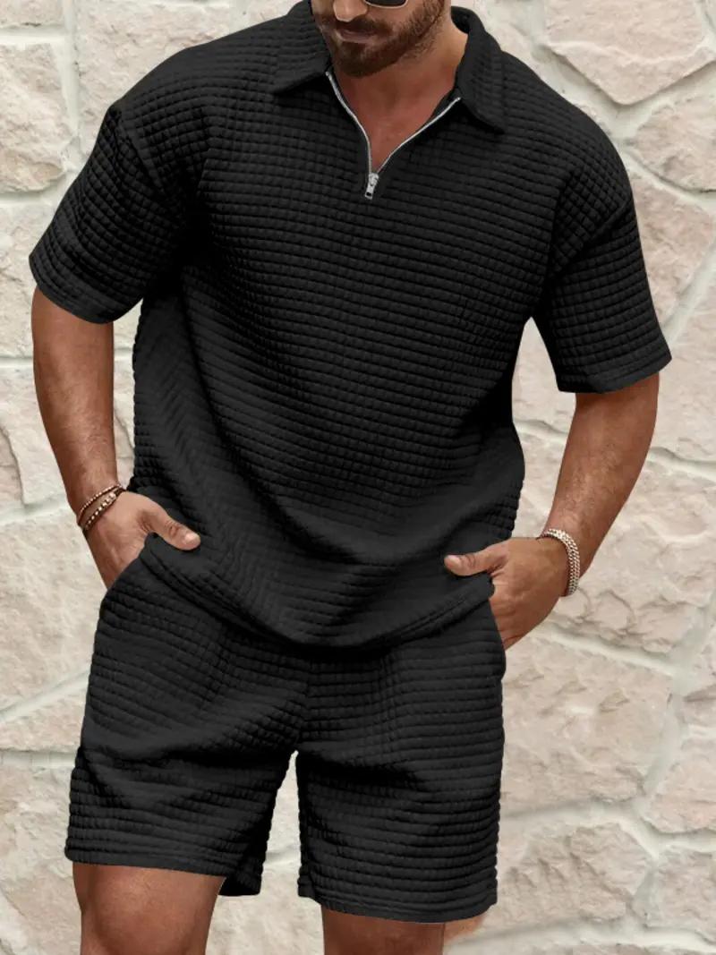 KZZ Men's Solid Color Short Sleeve Tee & Shorts Set Loose Fit Casual Fashion Cozy Breathable Two-piece Outfits for Summer Daily Wear Clothing Shortsleeve Menswear Men's 2 Piece Set，