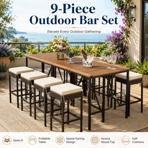 Premium 10-Piece Outdoor Wicker Bar Set - Acacia Wood High Dining Table & Cushioned Stools