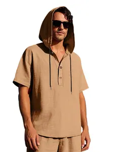 2026 New Style Men's Linen Summer Hooded Short-Sleeved Shirt - Solid Color Loose and Breathable Half-Closed Collar Top - Beach Vacation Casual Daily Commute T-Shirt