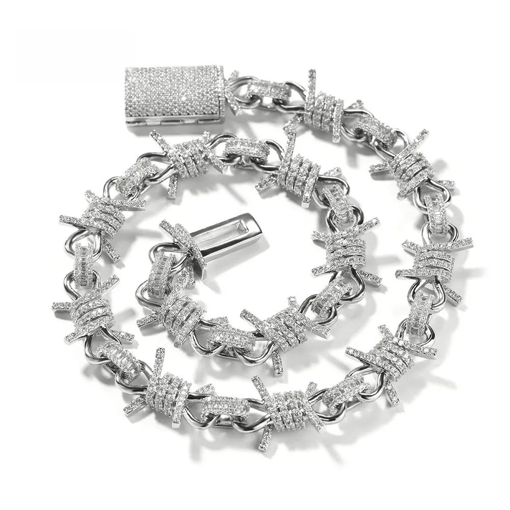 Cubic Zirconia-Inlaid Thorn & Link Iced Out Hip Hop Rapper Style Necklace - Large-Wire Punk Artificial Gemstone Jewelry for European & American Personality-Focused Wearers, Hip Hop Necklaces, Iced Out Necklaces
