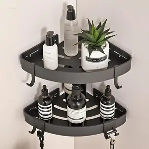 Rust-Proof Shower Shelf Organizer, No Drilling Bathroom Caddy with Hooks, Waterproof Aluminum Shower Storage for Inside Shower, Space-Saving 2-Pack, Durable Black Shower Accessory Brush Case Hollow Installation Matte Metal