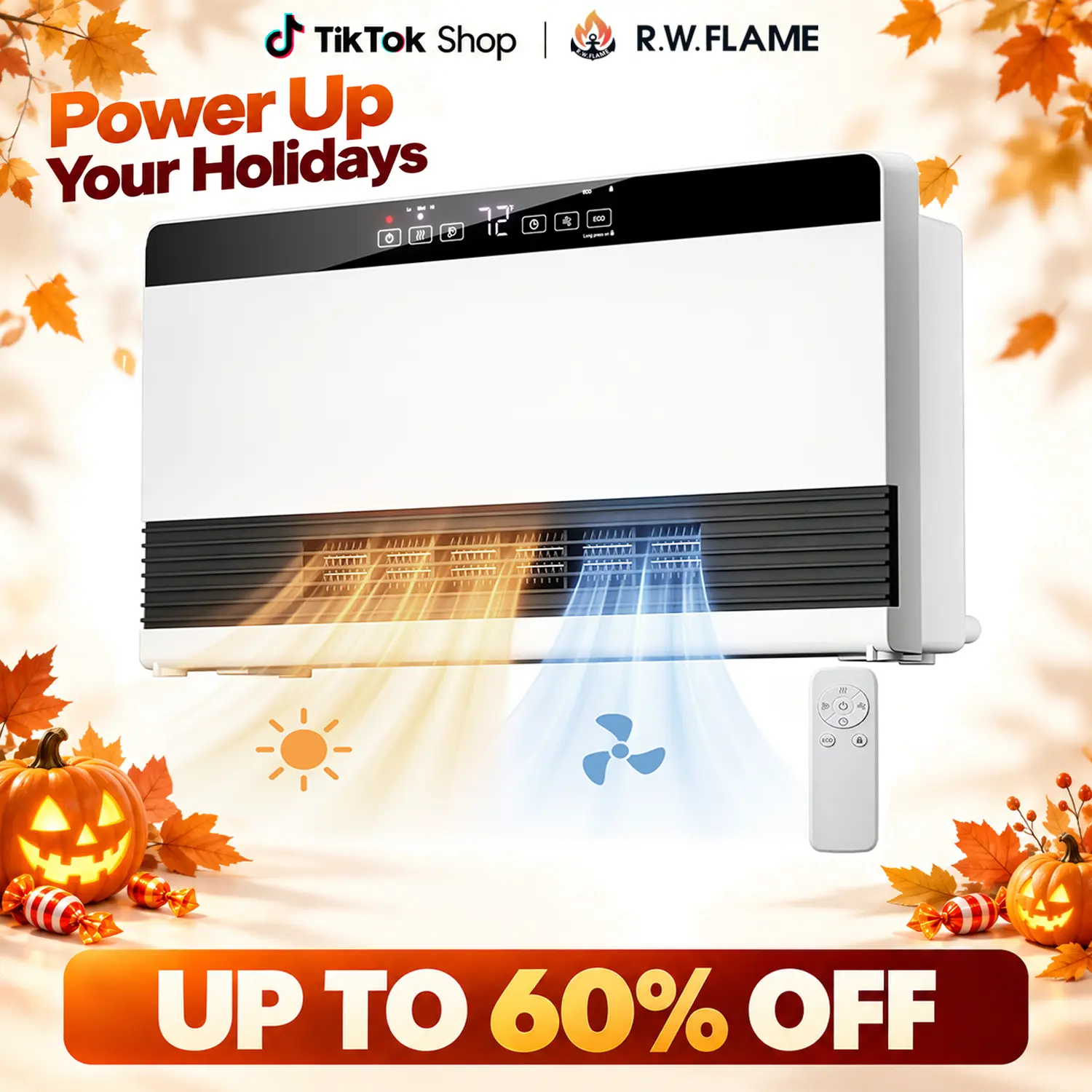 R.W.FLAME Space-Saving 2-in-1 Wall Mounted PTC Electric Heater and Fan for Home - 1300W Fast Heating, Adjustable Temperature, Digital Control, 3 Heat/Fan/ECO Options, Wireless Remote, 12H Timer, Overheat Guard, Auto Shut-Off, Waterproof