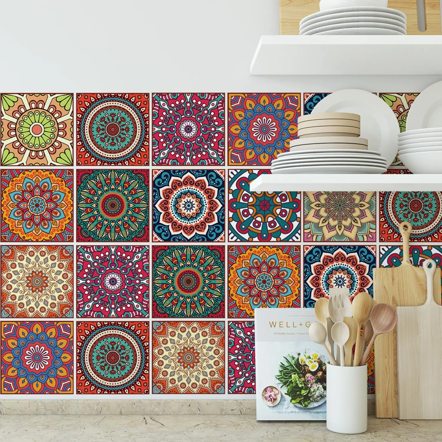 Bohemian Mandala Peel and Stick Tile Stickers 30 Pack  Self-Adhesive Removable  Vinyl  for Kitchen Backsplash, Bathroom, Staircase 4x4 Inch