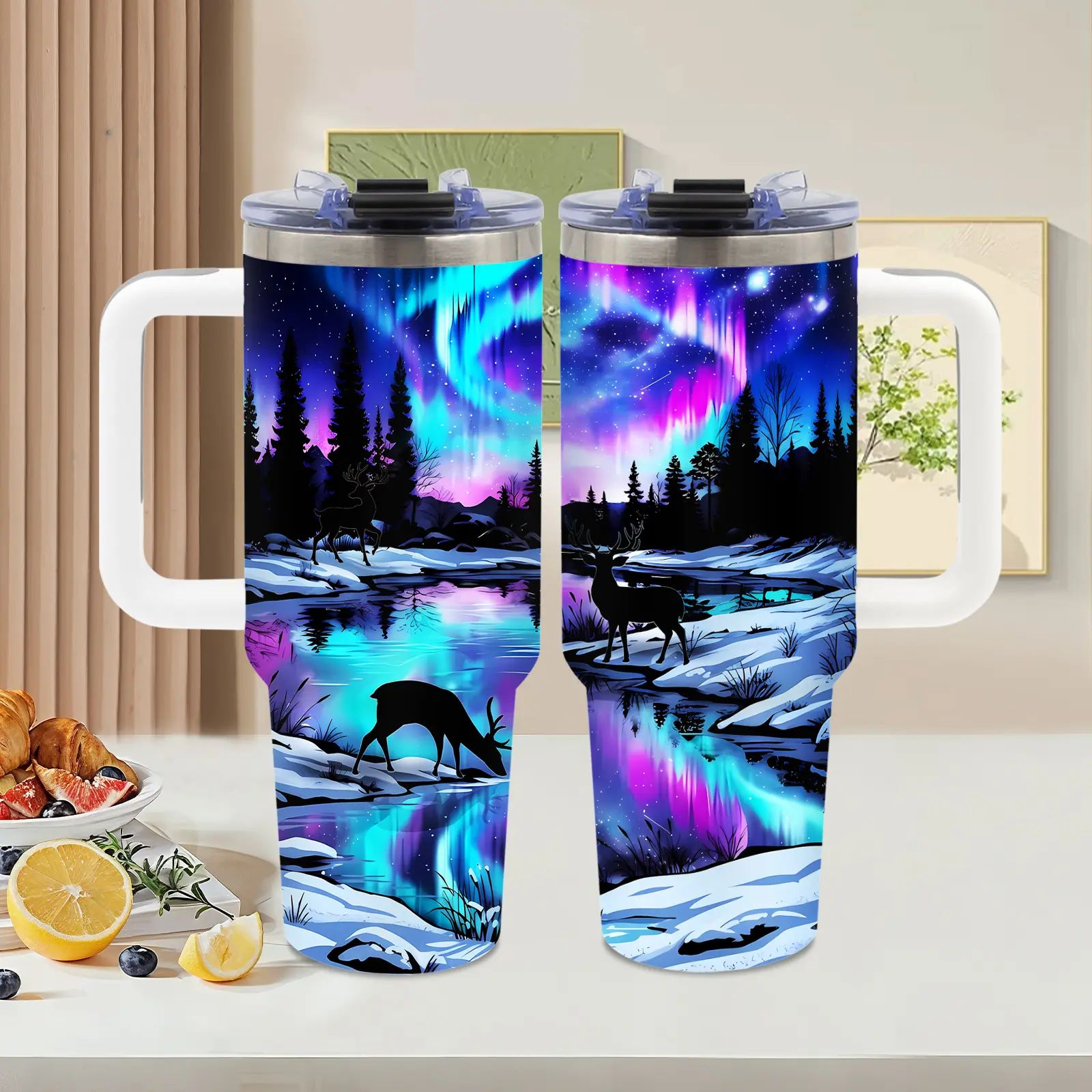 40oz Stainless Steel Vacuum Insulated Tumbler with Handle - Portable Reusable Water Bottle with Lid, Aurora Borealis Deer Winter Landscape Design, Thoughtful Tumbler Gift for Camping Trips, Beach, Mother's Day