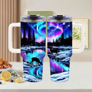 Deer Northern Lights, 40oz tumbler with handle, Summer Ice Stainless Steel Vacuum Insulated Travel Mug, Aurora Borealis winter landscape design, Deer Lover Gift, for camping and travel, Christmas, Water Bottle, Tumbler Gift for Women and Men