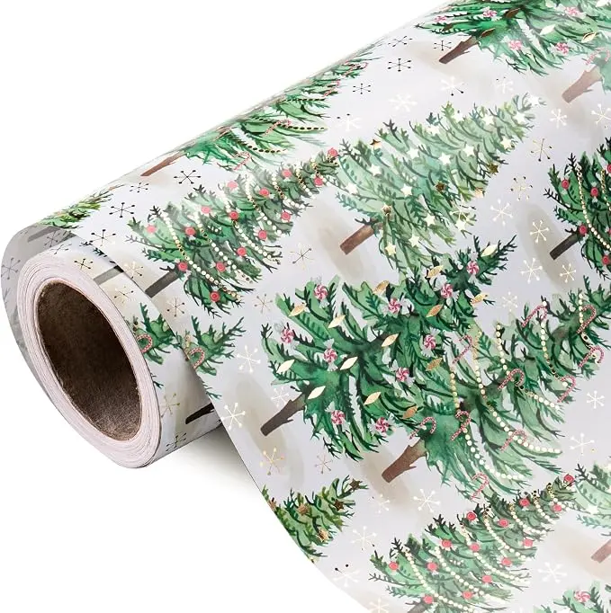 WRAPAHOLIC Christmas Wrapping Paper Roll, Gold Foil Christmas Tree Gift Wrap with Elegant Green & White Holiday Designs, Premium Christmas Gift Wrapping Paper for Family, Adults, Holiday Party, Winter Season, Xmas Presents, 17 Inch x 16.5 Feet