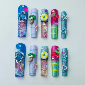 DiDazzle Dopamine Tropic Pop “Beach Pop” Aquarium Press-On Nails – Pink-Blue Liquid Core Square Nails, Summer Viral
