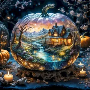 5D DIY Full Drill Round Diamond Painting - Diamond Art Kit Pumpkin, Cottage, Stream Mosaic, Canvas - DIY Decorative Painting, Home Wall Decor, Suitable for Halloween, Christmas, Birthday and Anniversary Gifts Diamond Painting Kits